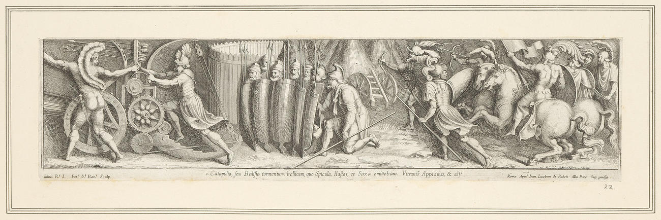 Master: A set of prints reproducing narrative scenes from the Sala di Costantino
Item: Battle scene with soldiers shooting with a catapult