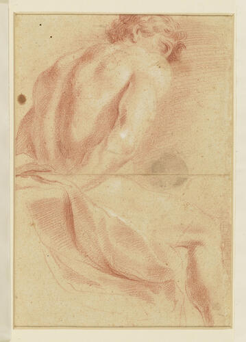 A male nude figure, seated to right, left leg bent