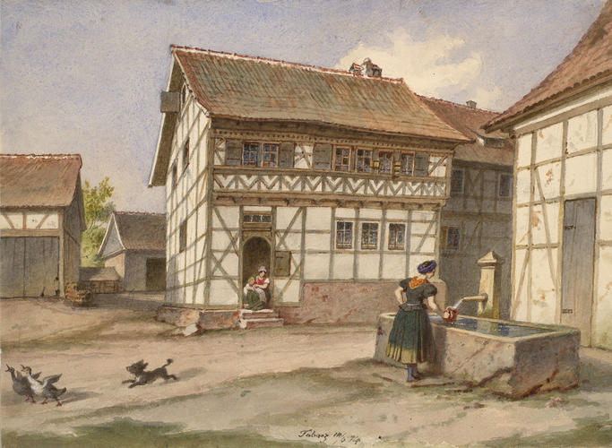 Farmyard at Tabarz: with a girl by a water trough Farmyard at Tabarz: with a girl by a water trough