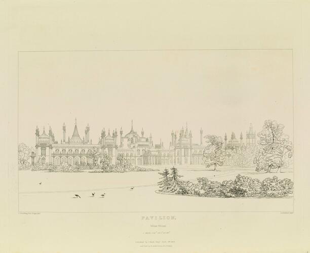 Master: Illustrations of Her Majesty's Palace at Brighton; formerly the Pavilion: executed by the Command of King George the Fourth, under the Superintendence of John Nash, Esq. , architect : to which is prefixed, A History of the Palace, by Edward Wedlake Brayley, Esq. , F. S. A.
Item: Pavilion West Front