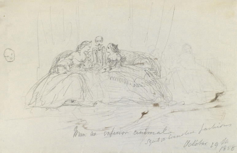 Caricature of a gentleman squeezed up on a sofa between two ladies in crinolines
