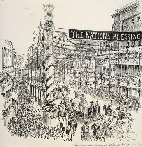 Marriage of the Duke and Duchess of York: the royal procession passing up St James's Street, 6 July 1893 Marriage of the Duke and Duchess of York: the royal procession passing up St James's Street, 6 July 1893