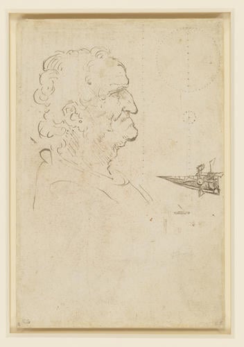 Recto: Designs for boats. Verso: A design for a paddle-boat, and the head of an old man in profile