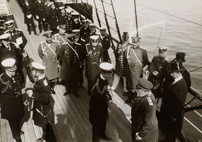 King Edward VII and Nicholas II, Emperor of Russia speaking to naval officers in the Bay of Reval, 1908 King Edward VII and Nicholas II, Emperor of Russia speaking to naval officers in the Bay of Reval, 1908