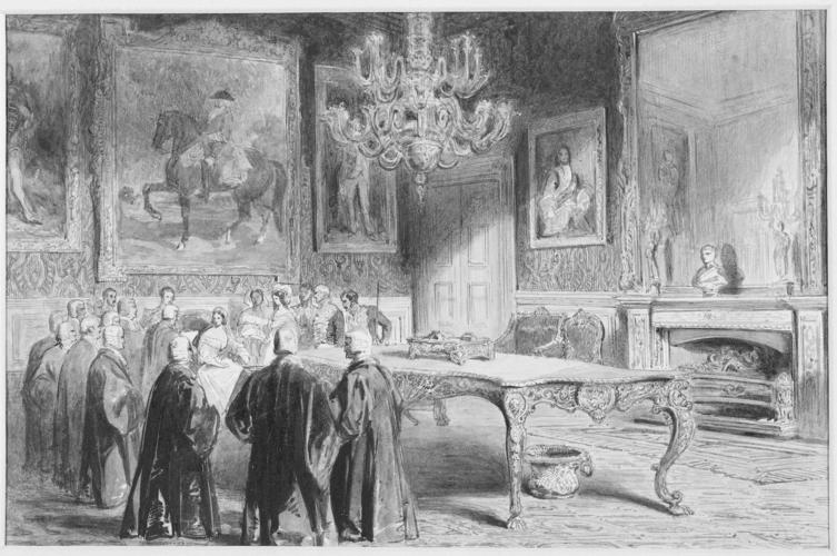The Queen receiving a birthday address from the Archbishops and Bishops, in the Royal Closet, St James's Palace, 25 May 1840