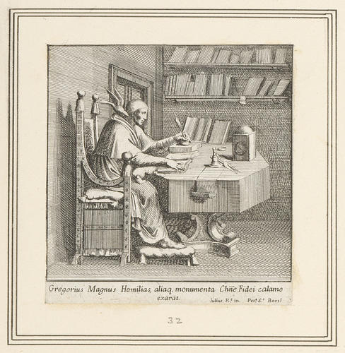 Master: A set of prints reproducing narrative scenes from the Sala di Costantino
Item: St Gregory the Great writing homilies in his studio with the dove of the Holy Spirit on his right shoulder