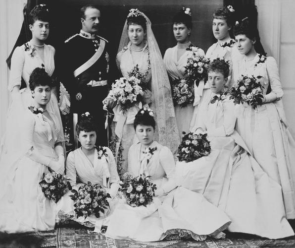 Princess Louise of Wales and the Duke of Fife with the bridesmaids after their wedding, 27 July 1889 [in Portraits of Royal Children Vol. 37 1888-1889]