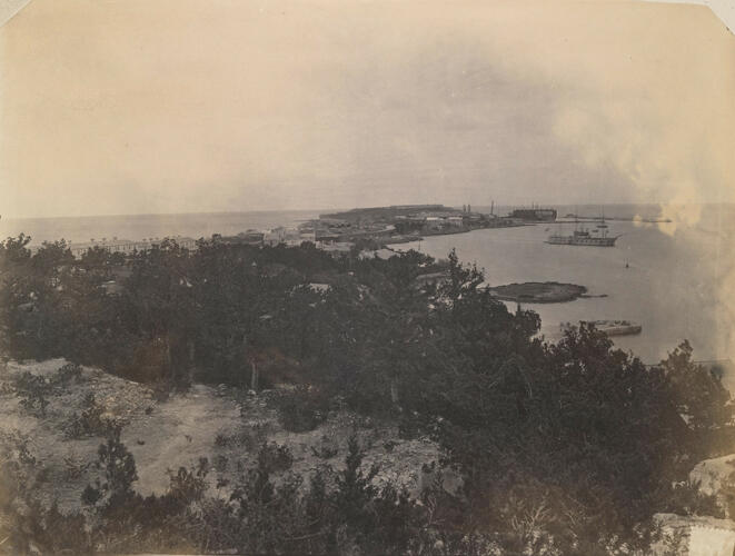 Bermuda 1880: Ireland dockyard from Maria Hill with floating dock in Camber showing sparyard and Captain-in-Charge's island Bermuda 1880: Ireland dockyard from Maria Hill with floating dock in Camber showing sparyard and Captain-in-Charge's island