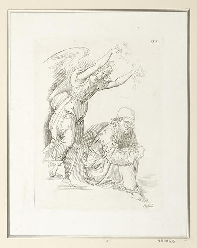 Angel scattering flowers on a bearded man seated on the ground