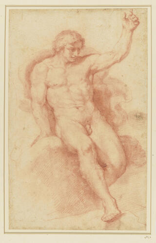 A seated male academy figure, facing left, left hand raised A seated male academy figure, facing left, left hand raised