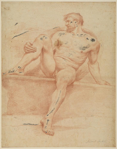 A male nude figure, seated, one foot raised
