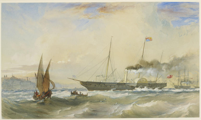 The Osborne with the Prince of Wales on board, going into Malta Harbour, attended by HMS Magicienne and HMS Doris, 5 June 1862