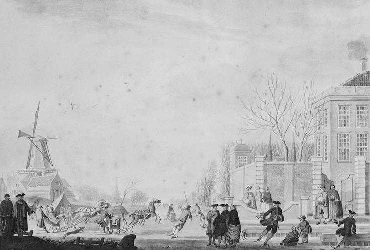 Skaters on a canal beside a country house