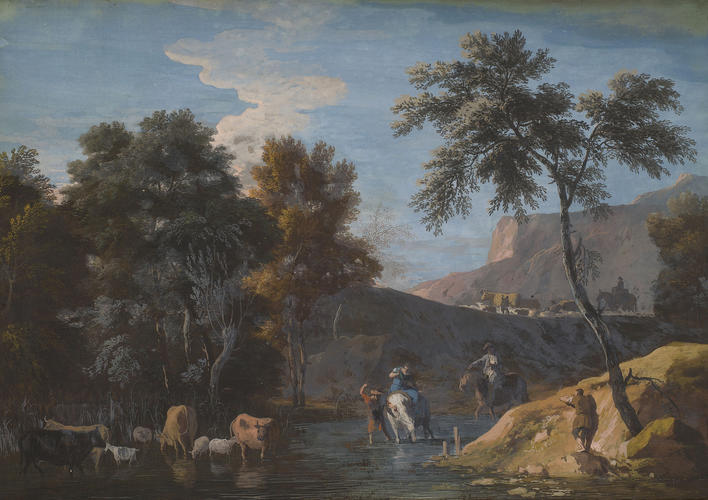 A Rocky Landscape with Herds Watering A Rocky Landscape with Herds Watering