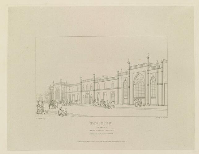 Master: Illustrations of Her Majesty's Palace at Brighton; formerly the Pavilion: executed by the Command of King George the Fourth, under the Superintendence of John Nash, Esq. , architect : to which is prefixed, A History of the Palace, by Edward Wedlake Brayley, Esq. , F. S. A.
Item: Pavilion, Stables, Front Towards Church Street