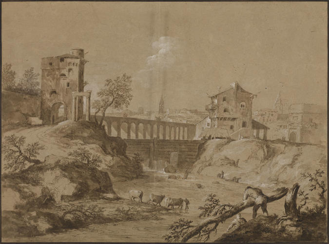 An Italian town with a river, a bridge and a dam An Italian town with a river, a bridge and a dam