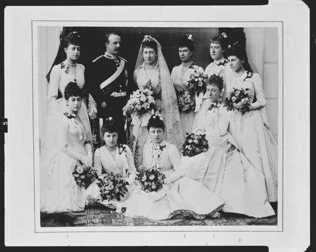 Princess Louise of Wales and the Duke of Fife with the bridesmaids after their wedding, 27 July 1889 [in Portraits of Royal Children Vol. 37 1888-1889]