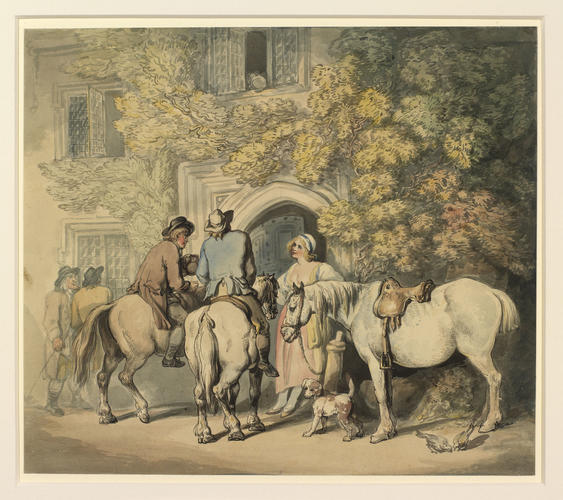 Travellers at the door of a mansion