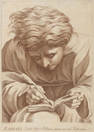Master: A set of thirty-three prints reproducing heads from 'The School of Athens'
Item: A young man writing in a notebook [from 'The School of Athens']