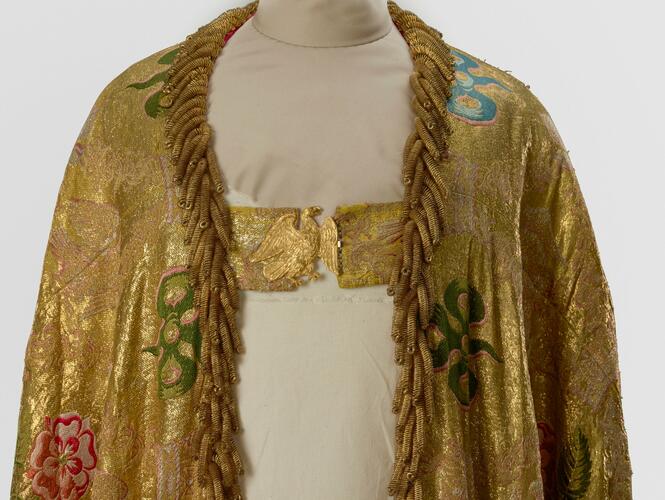 The Imperial Mantle, worn by King George IV, King George V, King George VI, Queen Elizabeth II and King Charles III The Imperial Mantle, worn by King George IV, King George V, King George VI, Queen Elizabeth II and King Charles III