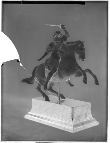 Glass plate negative of statuette of St George Glass plate negative of statuette of St George