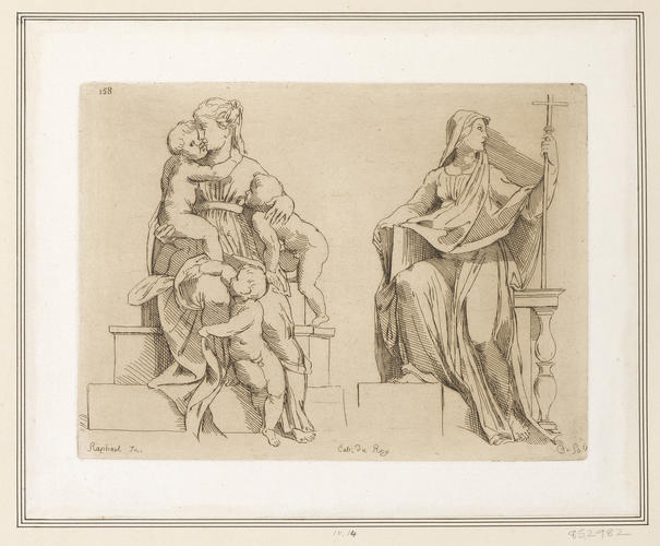Two seated women: one holding a staff-cross (left), and the other with three children (right)
