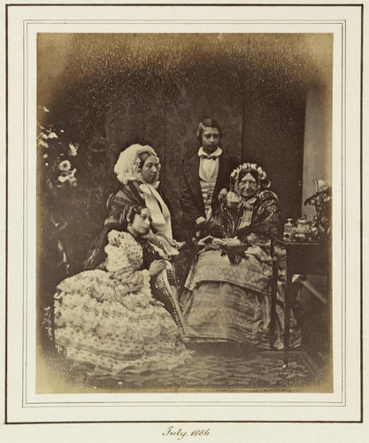 Group portrait, coy of a daguerreotype, of Queen Victoria with Albert Edward, Princess Alice and Princess Mary, Gloucester House, 1856
