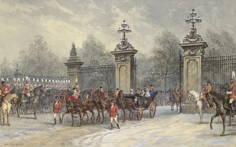 The Queen driving through the gates of Buckingham Palace, with the Duke and Duchess of Edinburgh, 12 March 1874