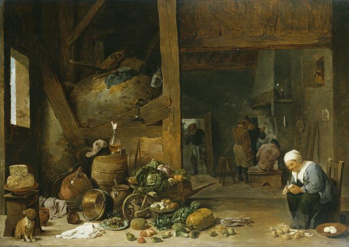 The Interior of a Kitchen with an Old Woman Peeling Turnips