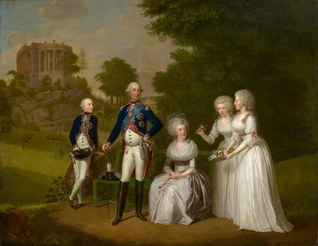 Wilhelm IX, Landgrave of Hesse-Cassel (1743-1821), later Elector Wilhelm I, his wife, Wilhelmine Caroline (1747-1820) and their children, Wilhelm (1777-1847, later Elector Wilhelm II, Friederika (1768