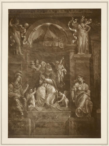 Pope Damasus I between the allegorical figures, angels and caryatids