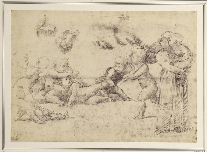 Seven children playing with an animal, and a womand holding a child at right, with studies of leaves above