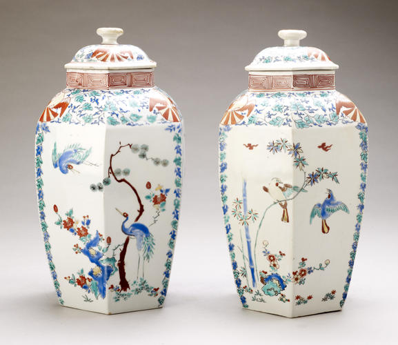 Master: Pair of hexagonal jars and covers