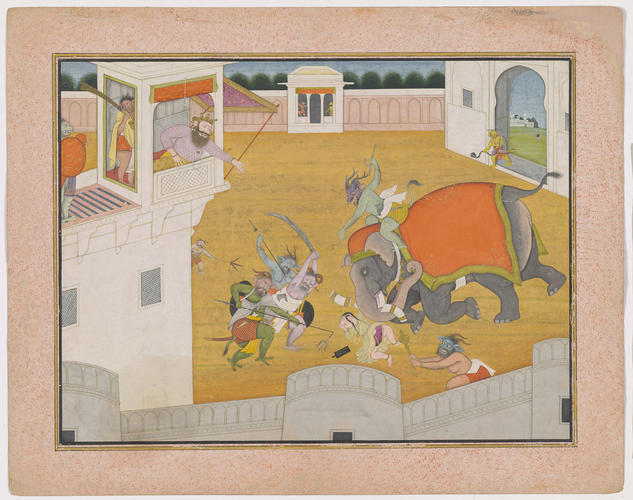 The demons try to crush Prahlada with an elephant
