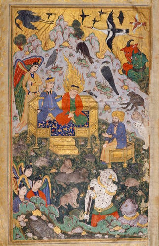 Master: Shahnamah شاهنامه (The Book of Kings)
Item: Soloman (Sulayman) and the Queen of Sheba (Bilqis) enthroned together attended by angels, demons, animals, birds, and Asaf the vizier