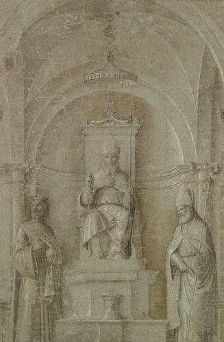An enthroned bishop between a king and another bishop