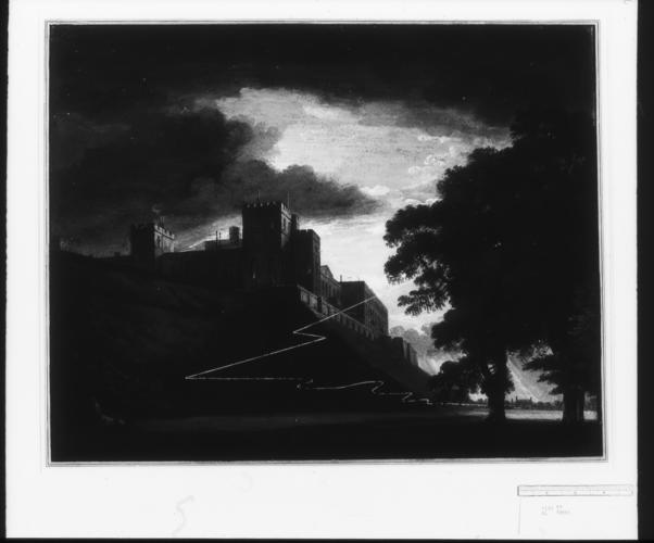 The north-east corner of Windsor Castle seen from below, with lightning