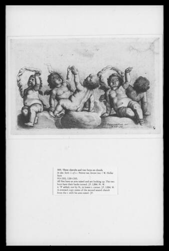Three cherubs and two boys on clouds Three cherubs and two boys on clouds