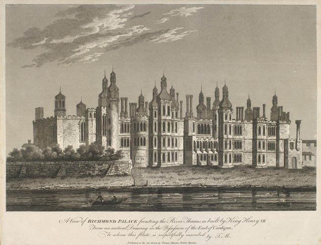 A view of Richmond Palace fronting the river Thames, as built by King Henry VII