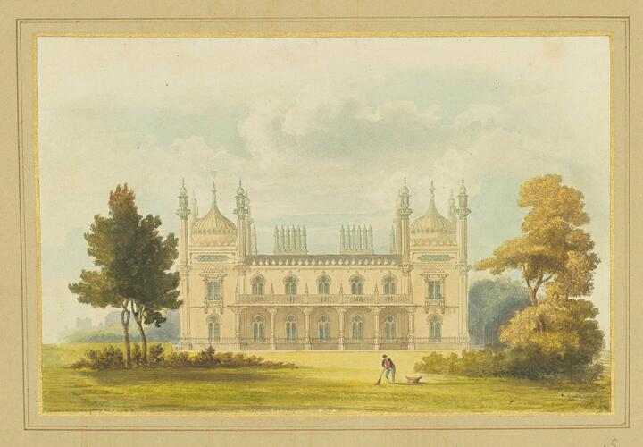 Master: Illustrations of Her Majesty's Palace at Brighton; formerly the Pavilion: executed by the Command of King George the Fourth, under the Superintendence of John Nash, Esq. , architect : to which is prefixed, A History of the Palace, by Edward Wedlake Brayley, Esq. , F. S. A.
Item: Pavilion, North Front