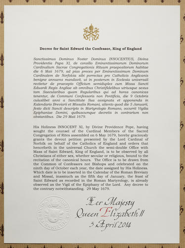 Master: Papal decree confirming the feast day of St Edward the Confessor, King and Confessor, 29 May 1679.
Item: Decree canonising King Edward the Confessor, dated 29 May 1679