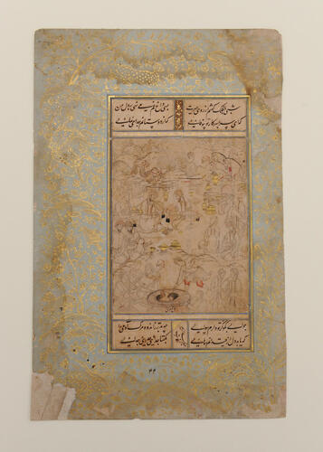 Folio from a Mughal album (Yusuf is Drawn from the Well by Bhagvati; calligraphy by Abd al-Rahim and Muhammad Husayn Kashmiri)