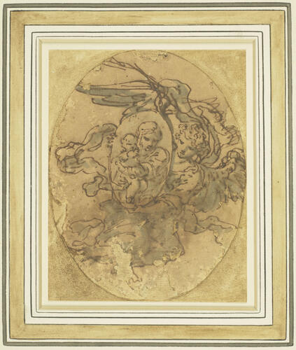 An angel carrying an oval medallion of the Virgin and Child An angel carrying an oval medallion of the Virgin and Child