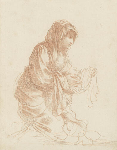 The Madonna kneeling, wearing a shawl over her head