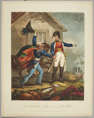 The meeting of Wellington and Blucher at the close of the Battle of Waterloo