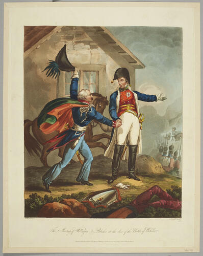 The meeting of Wellington and Blücher at the close of the Battle of Waterloo