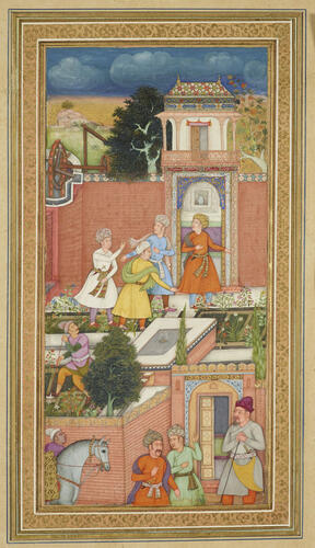 Master: Mughal album of portraits, animals and birds.
Item: Paintings of Persian men in a garden and a lioness