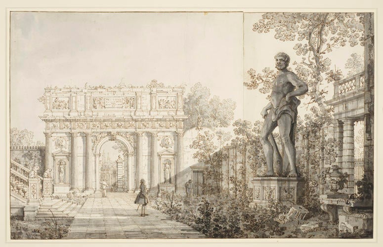 Padua: The Benavides garden, with a classical arch and a statue of Hercules
