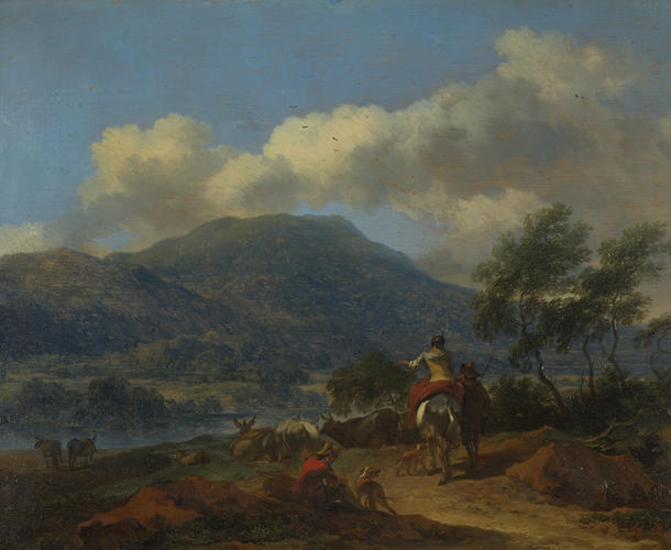 A Mountainous Landscape with two Shepherds, a Shepherdess and Cattle