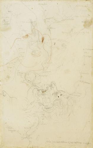 Recto: Three sketches of the course of the rivers Brembana, Trompia and Sabbia, with towns and distances marked. 
Verso: Heads in profile